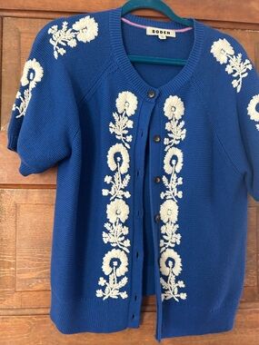 Boden Cobalt Blue Short-Sleeve Cardigan with Cream Floral Embroidery